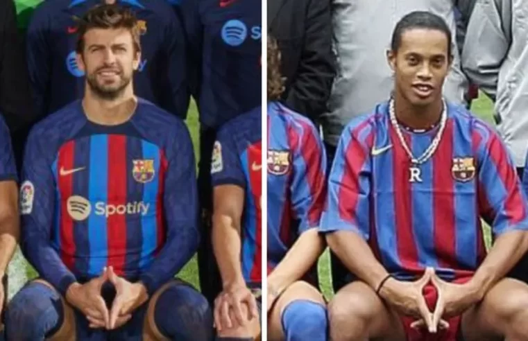 Antes de despedida no Barcelona, Piqué imita Ronaldinho em foto oficial