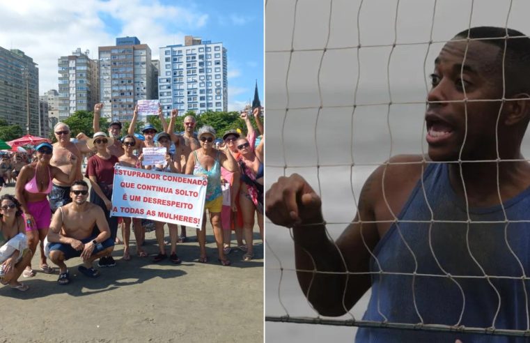 Manifestantes pedem prisão de Robinho em praia onde ex-atleta joga futevôlei no litoral de SP